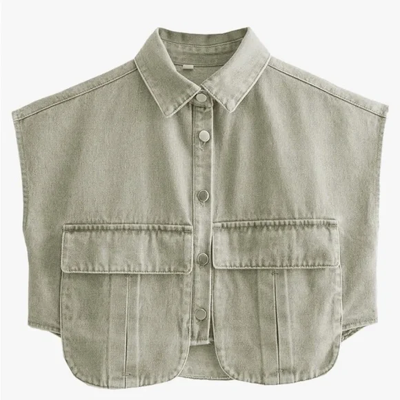 Cropped Button Down Collared Sleeveless Loose Denim Top with Pockets - Picture 3 of 3